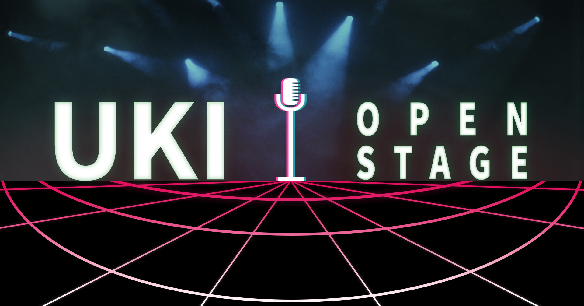 Uki Open stage tummapohjainen logo, jossa valkoiset kirjaimet.